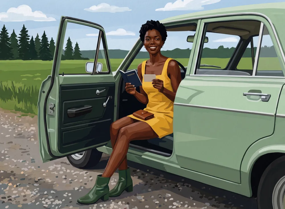 Painted picture of the same traveller sitting in the open door of a pale green car at a roadside stop, checking a passport and a card, a wallet on her knee.