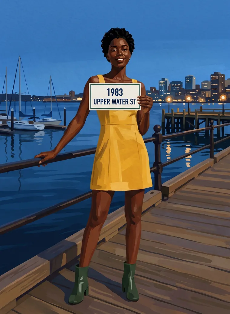 Painted picture of the same traveller on a harbourfront boardwalk at blue hour, holding a card that reads 1983 Upper Water St, sailboats and city lights behind her.