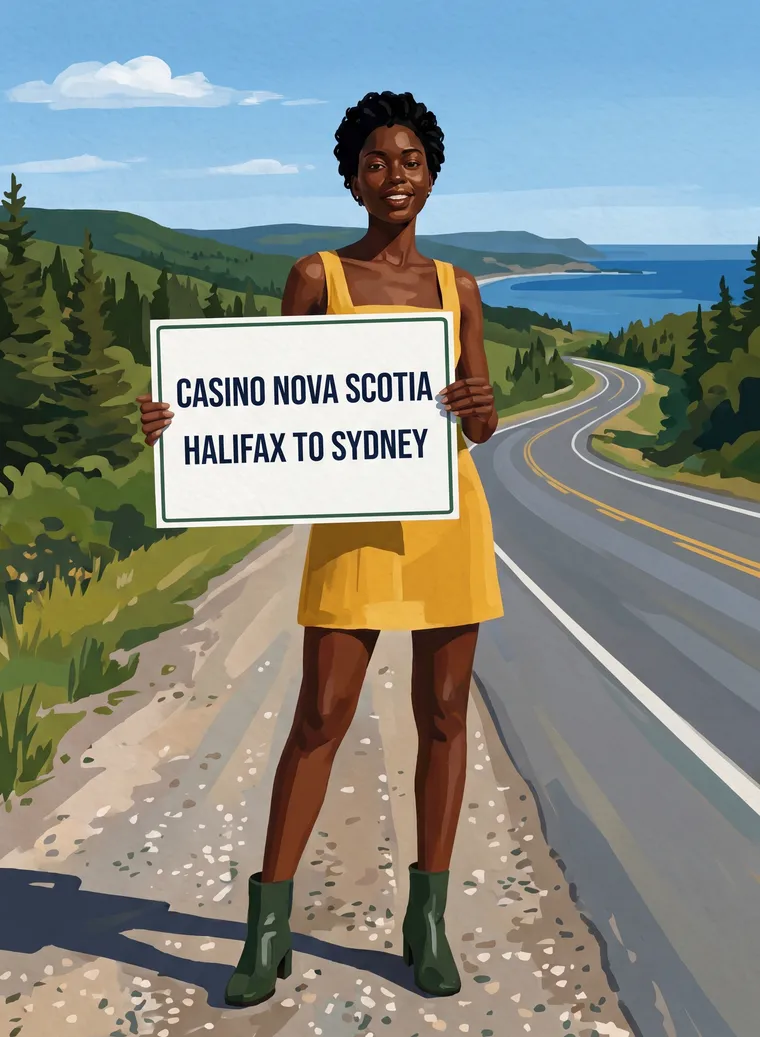 Painted picture of the guide's traveller, a character created for this guide, standing on a roadside shoulder in a yellow mini dress and green boots, holding a card that reads Casino Nova Scotia, Halifax to Sydney; a two-lane highway curves through green hills to the sea behind her.